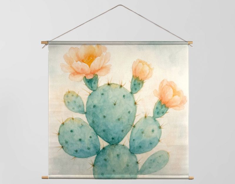 Groene cactus met bloeiende bloemen in zachte pasteltinten