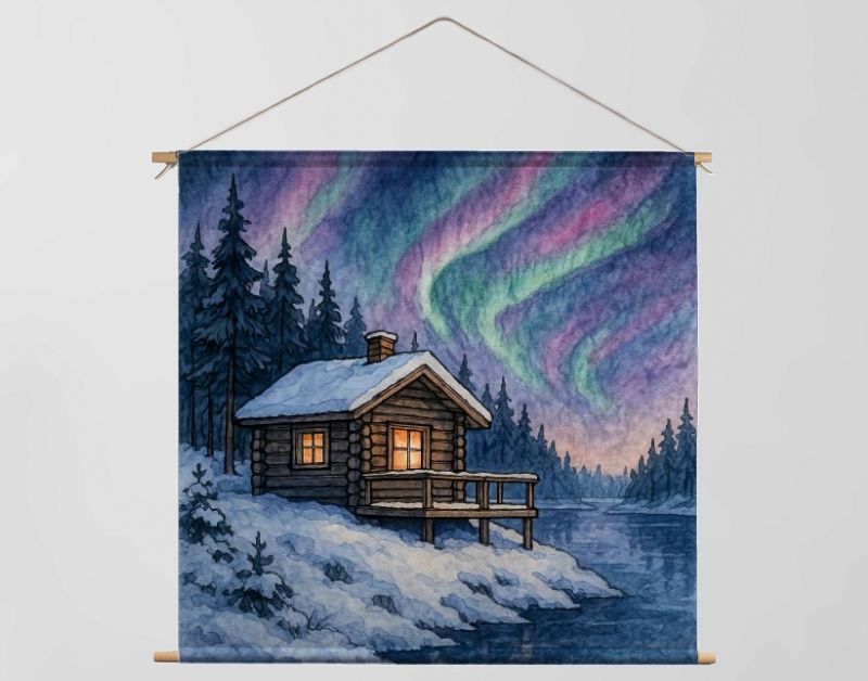 Houten blokhut aan het water met noorderlicht in Noorwegen