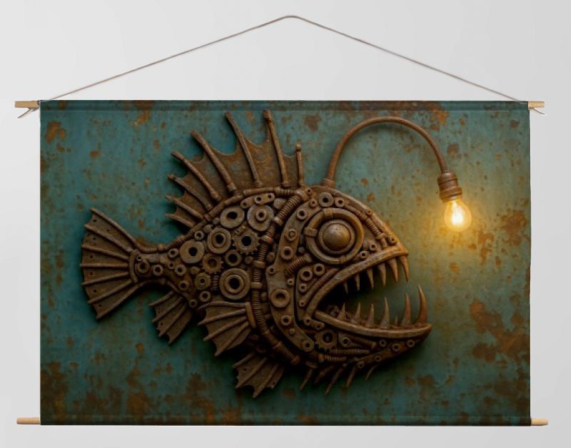 Industriële hengelvis van schroot met brandend lampje