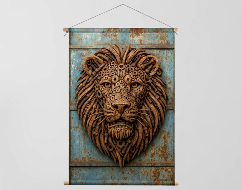 Industrieel leeuwenportret van oud metaal