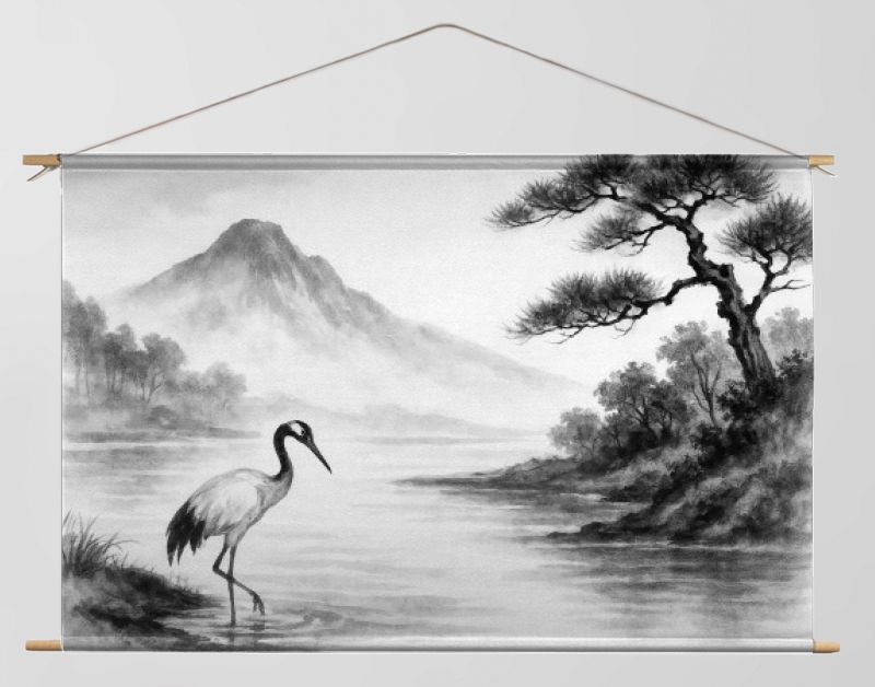 Japandi landschap met kraanvogel en bergen