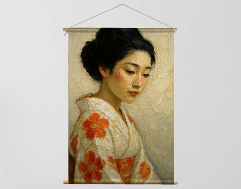 Japanse geisha in kimono met oranje bloemen