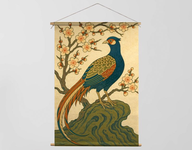 Japanse fazant bij pruimenboom met bloesem in ukiyo-e stijl