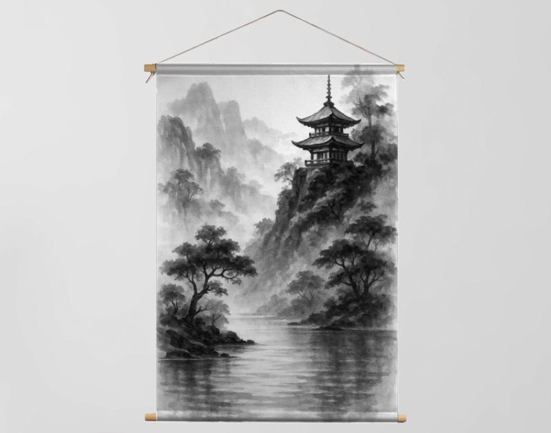 Japanse tempel boven mistig waterlandschap