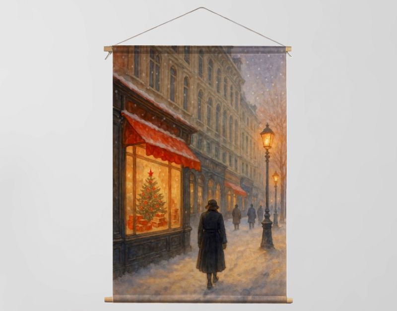 Kerstavond in de stad met verlichte etalage