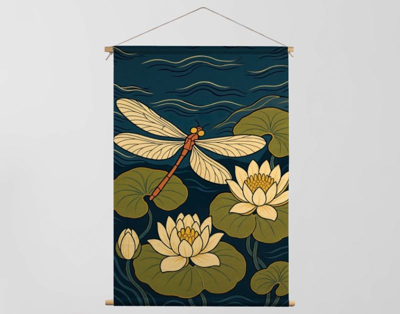 Libelle boven waterlelies in Japanse ukiyo-e stijl
