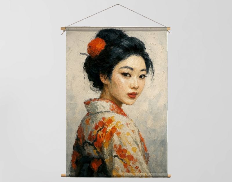 Portret van Japanse geisha in zijden kimono