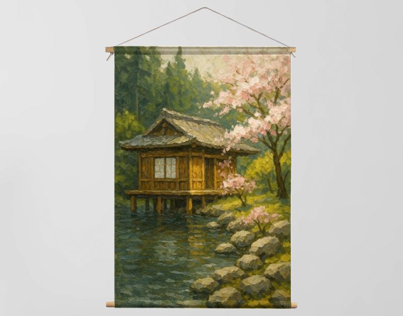 Rustig Japans theehuis bij vijver en kersenbloesem