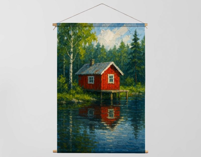 Rood houten huisje aan het water in Noorwegen