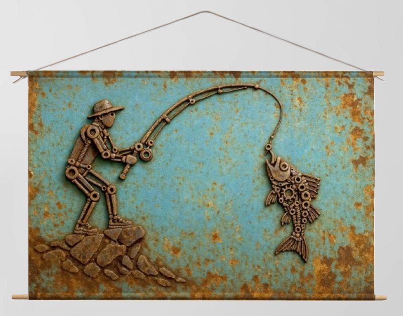 Schrootkunst van een visser met hengel in industriële stijl