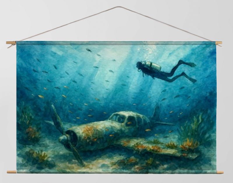 Scubaduiker boven oud vliegtuigwrak in zee