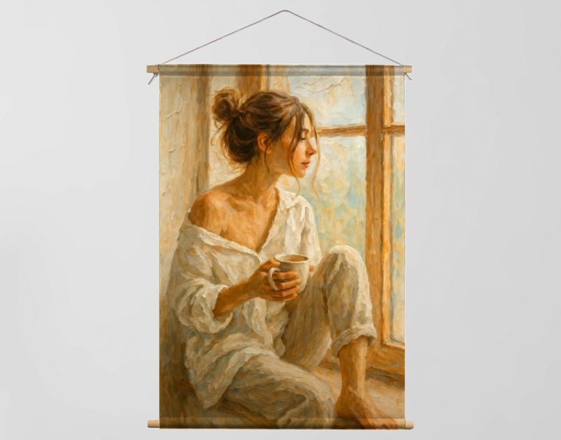 Vrouw met warme kop koffie bij het raam