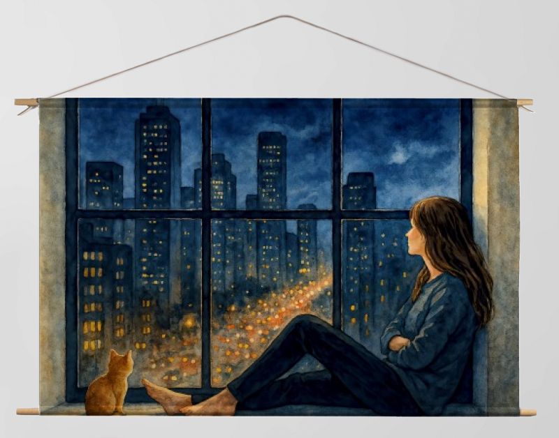 Vrouw en kat bij raam met stadslichten in de avond