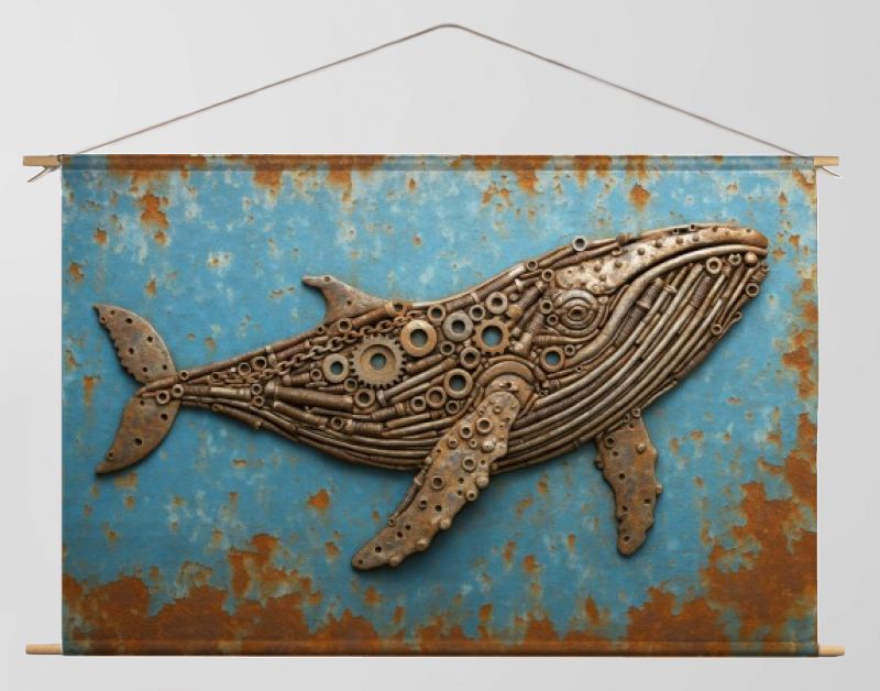 Walvis opgebouwd uit oude bouten, moeren en tandwielen