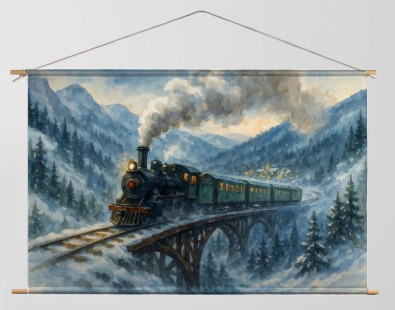 Winterse stoomtrein over brug in berglandschap