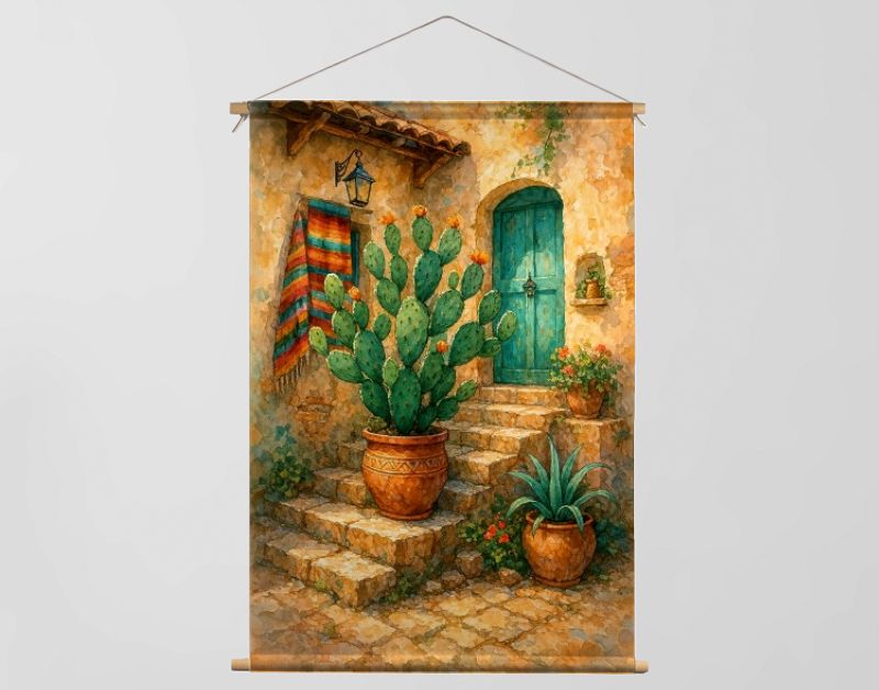 Zonnige Mexicaanse patio met cactus en turquoise deur