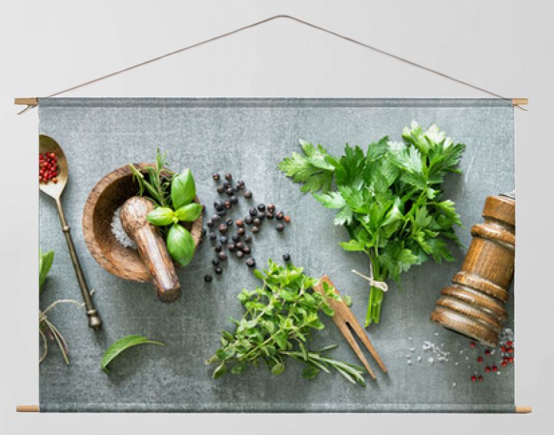 Panoramic background with bunches of fresh garden herbs
