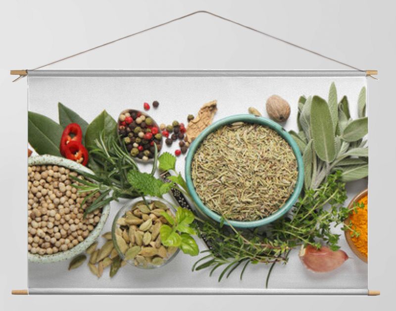 Different fresh herbs and spices on white background, flat lay. Banner design