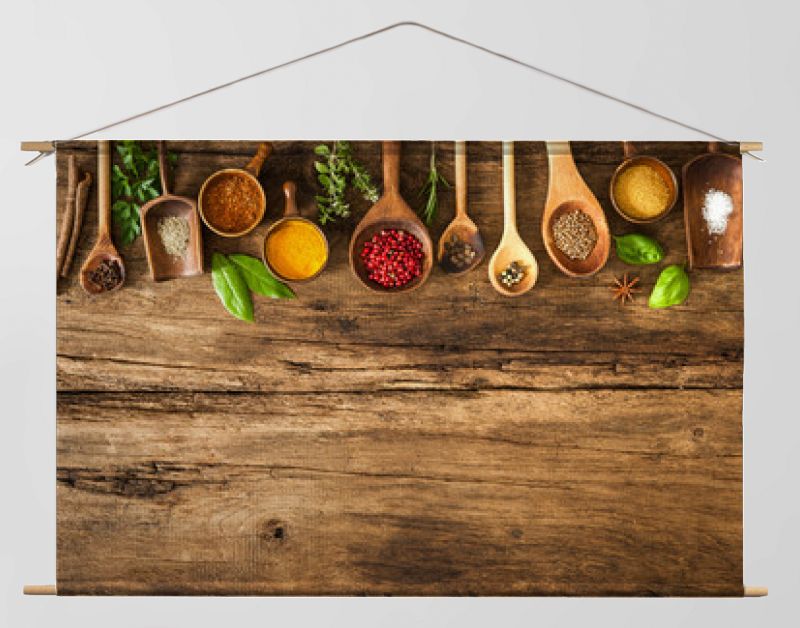 Colorful spices on wooden table