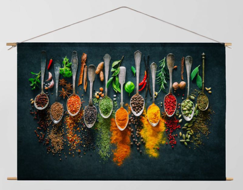 Herbs and spices for cooking on dark background