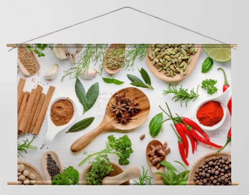 Various herbs and spices flat lay