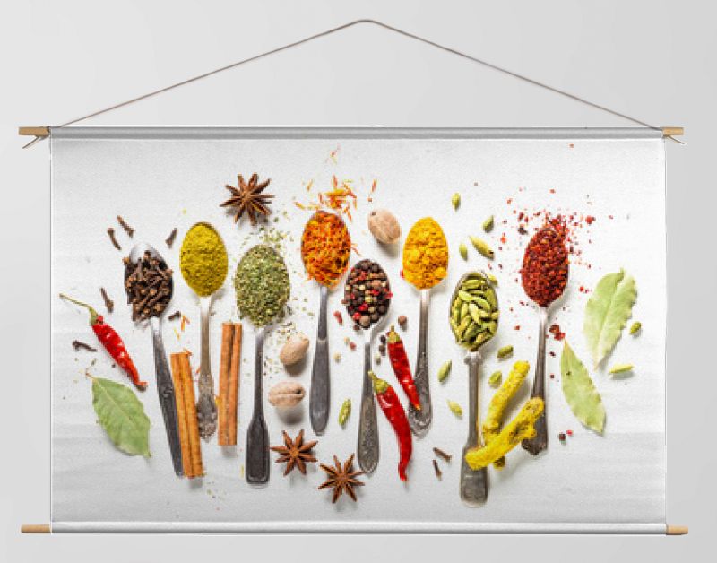 Set of various spices in spoons on white