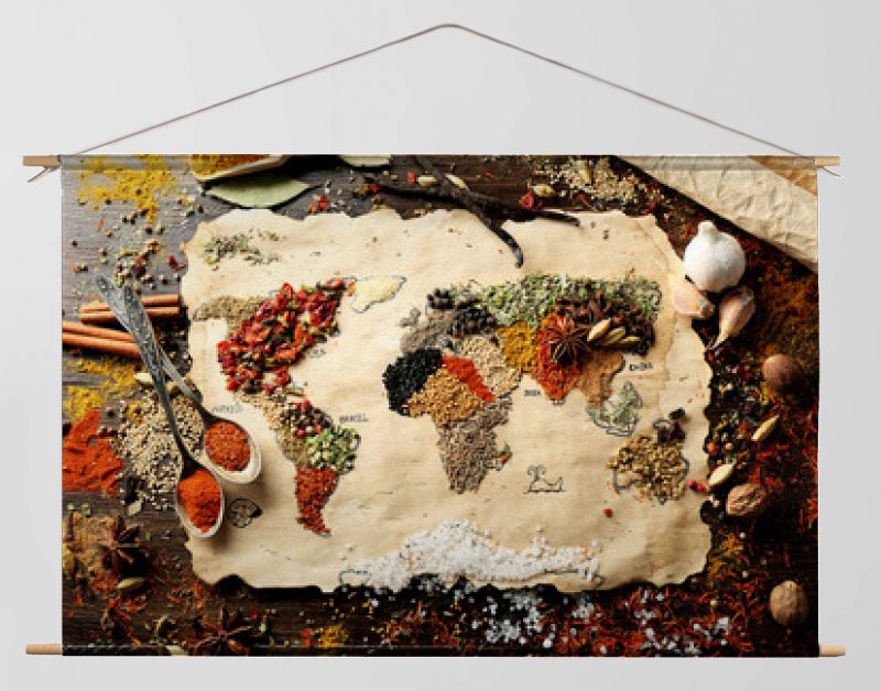 Map of world made from different kinds of spices