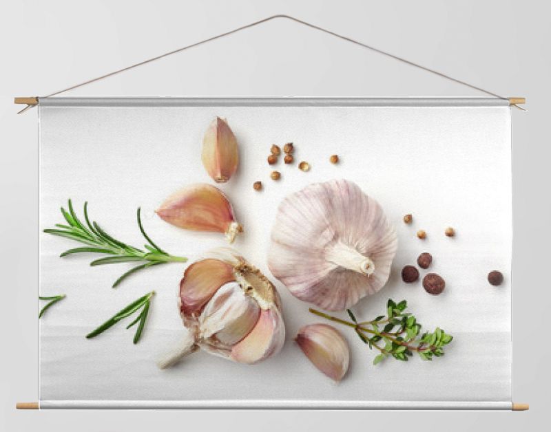 garlic and herbs on white background