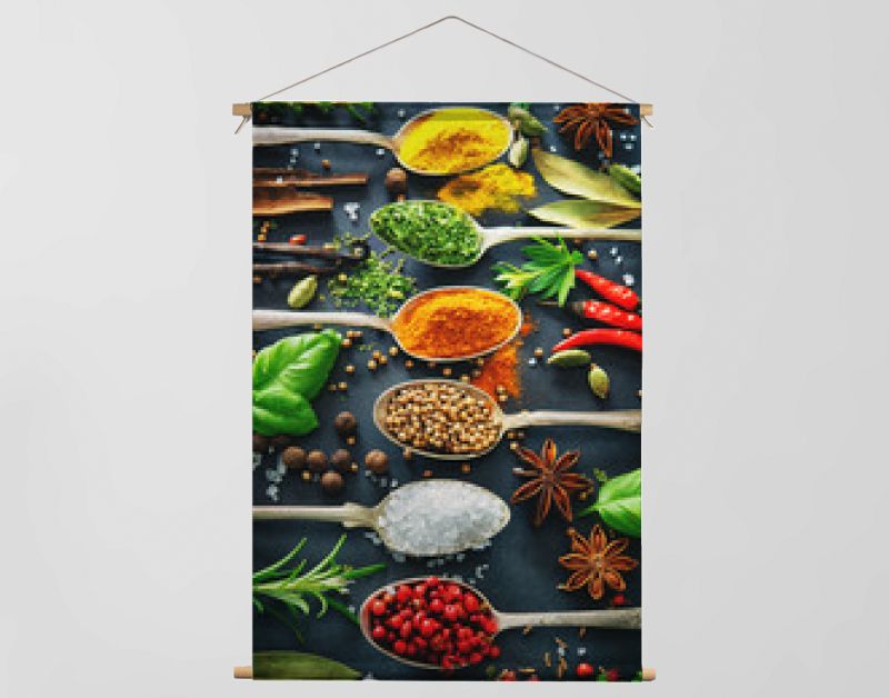 Various herbs and spices on dark background