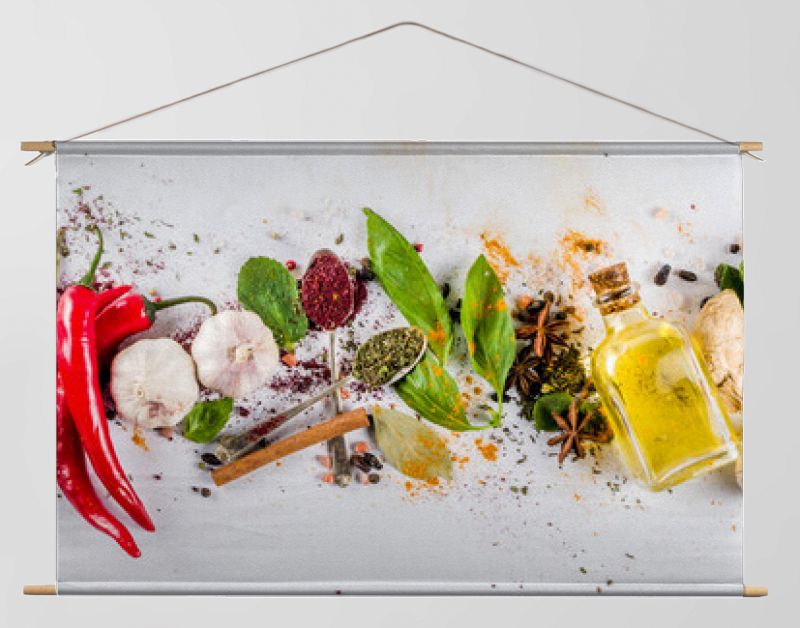 Various herbs and spices on white background top view copy space