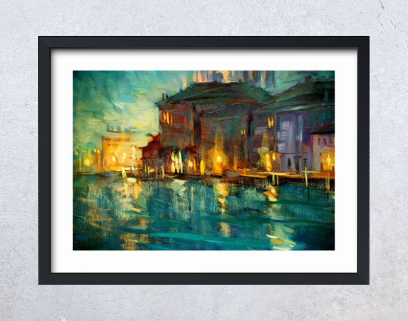 nachtlandschap naar Venetië, schilderij met olieverf op triplex, illustrat