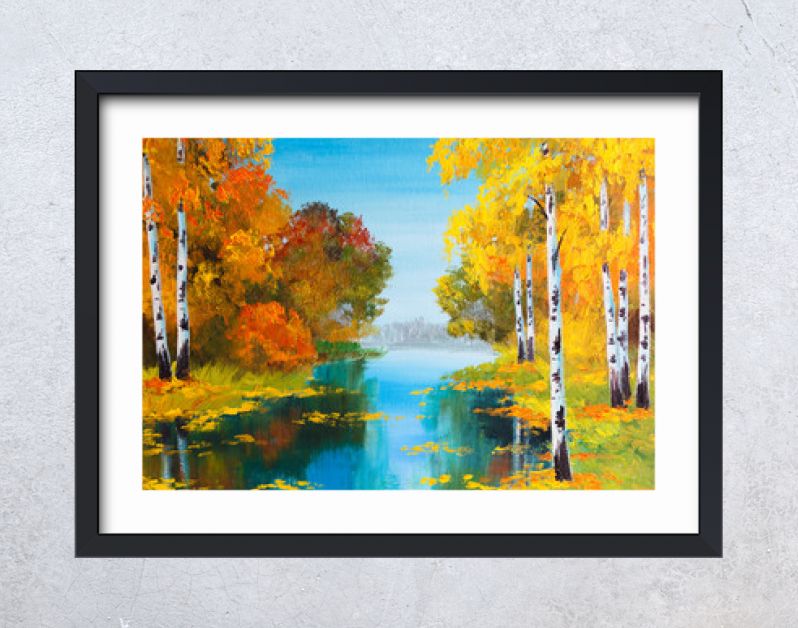 landschap met olieverf - berkenbos bij de rivier