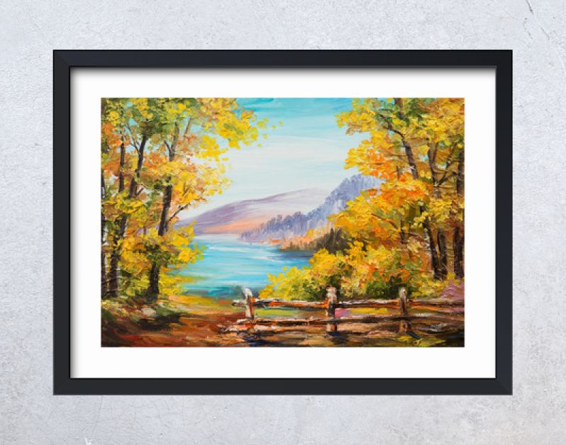 Landschap met olieverfschilderij - kleurrijk herfstbos, bergmeer, impressionisme