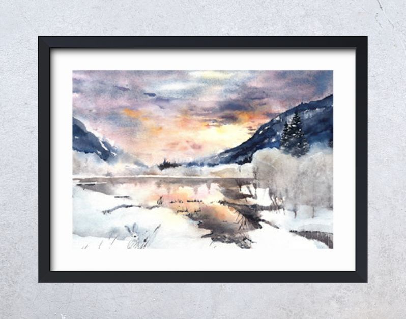 Winterlandschap bergen meer sneeuw aquarel schilderen