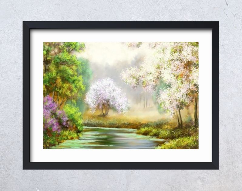 Lente, boom, rivier, schilderijen landschap