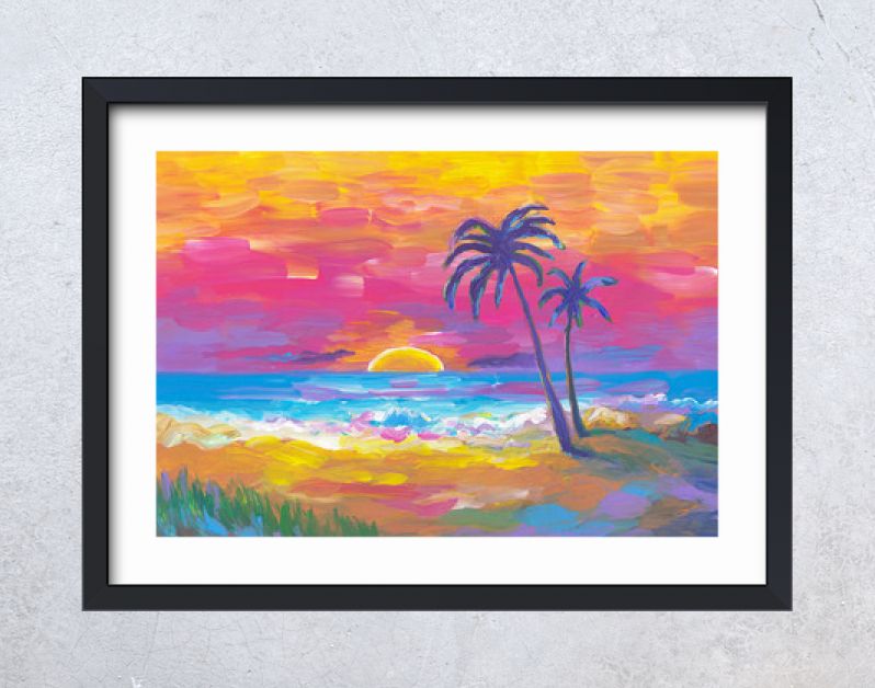 Palmenstrand, zonsondergang, zand, oceaan. Kust landschap. Abstract olieverfschilderij