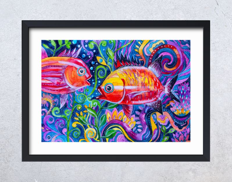 geschilderde aquarel fantasie kleurrijke vissen