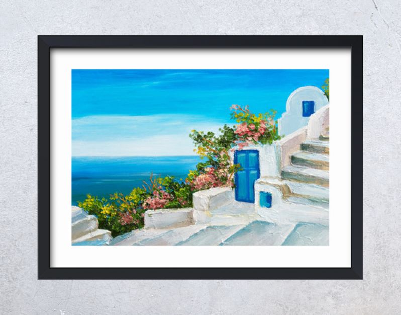 olieverfschilderij - huis in de buurt van de zee, kleurrijke bloemen, zomerzeegezicht