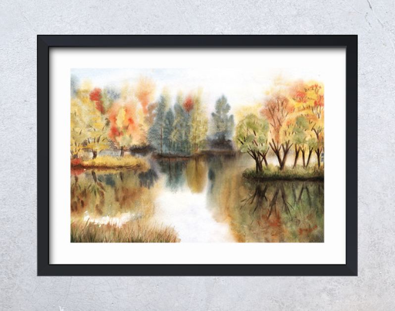 Aquarel herfstlandschap met bomen op eilanden en hun reflecties in een meer