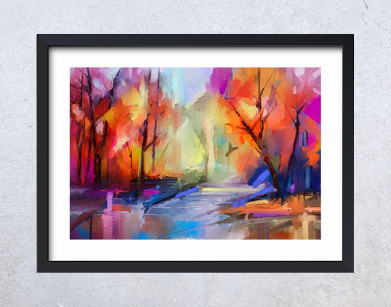 Olieverf schilderij kleurrijke herfst bomen. Semi abstract beeld van bos, landschappen met geel - rood blad en meer. Herfst, herfst seizoen natuur achtergrond. Met de hand geschilderd impressionistisch, buitenlandschap