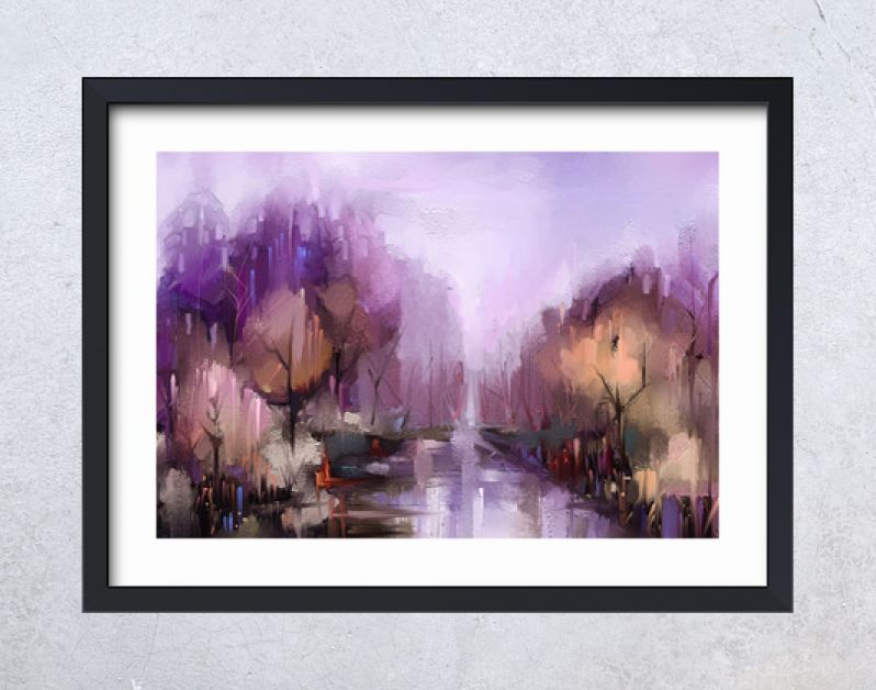 Olieverf schilderij kleurrijke herfst bomen. Vintage verfkleurenafbeelding van landschap, bos met geel, rood blad en meer. Herfst, herfst seizoen natuur achtergrond. Met de hand geschilderd impressionistisch, buitenlandschap