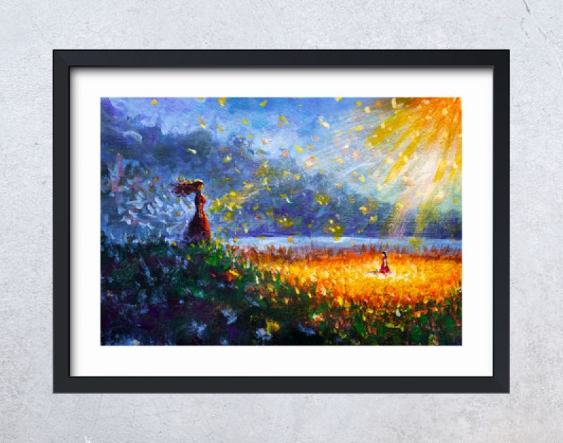 Schilderij olie - Gloeiende bloem, klein meisje en vrouw moeder - Sprookjesachtige illustratie - moderne kunst impressionisme abstract landschap acrylverf kunstwerk