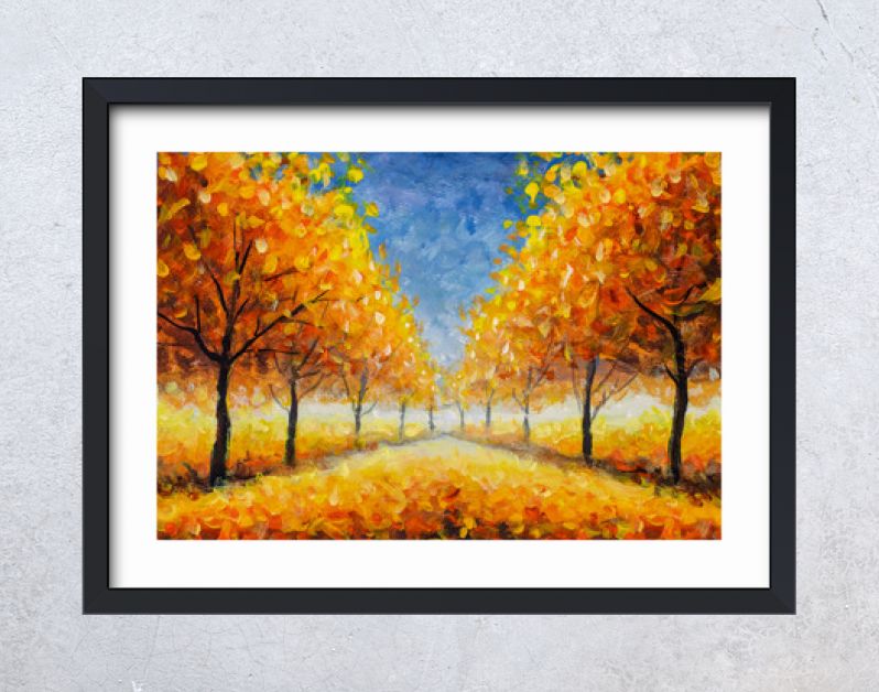 Herfst impressionisme olieverf landschap verf kunst. Goudoranje herfstboom park steegje bos hout met blauwe lucht