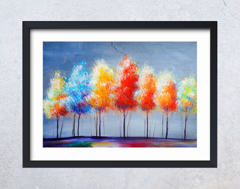 Landschap met olieverfschilderij, abstracte kleurrijke gouden bomen