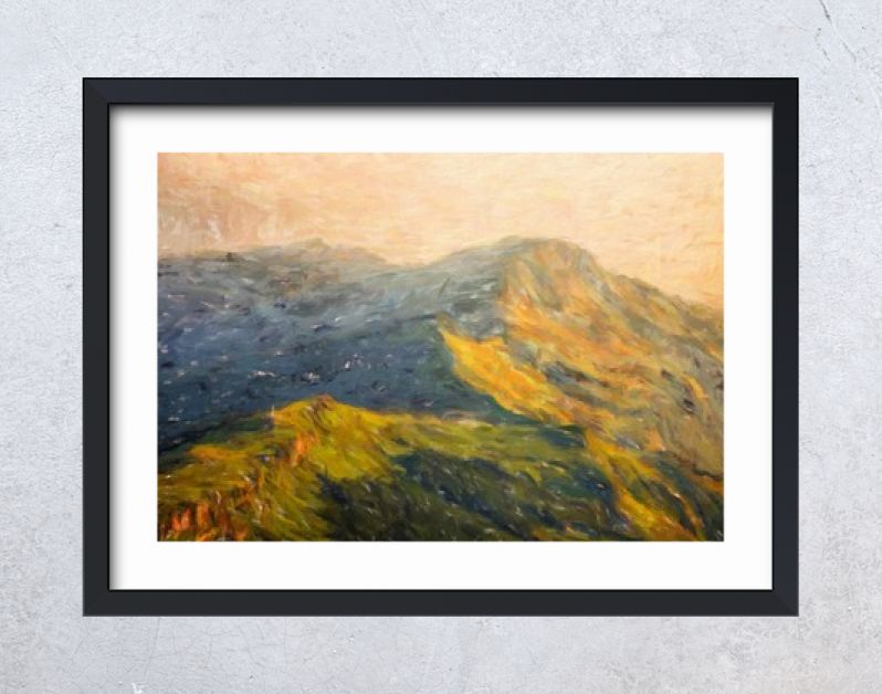 Digitale bergen bekijken olieverfschilderij met echt penseelstreken effect. Hedendaagse impressionistische kunst aan de muur in gemengde stijl. Kracht van de natuurscène. Vakantie ansichtkaarten en prints ontwerp. Schoonheid kunstwerk.