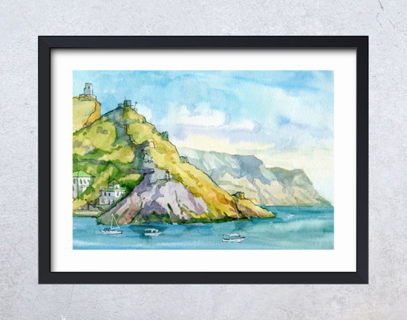 Landschap. Zeegezicht. Waterverf. Zee, rotsen, bergen, haven, schepen. Bivakmuts, Sebastopol, Krim. reizen. Toerisme.