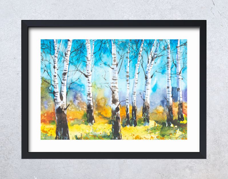 Russisch boslandschap met prachtige berken op een open plek. Aquarel illustratie