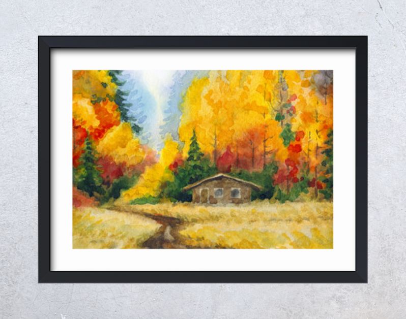 Aquarel landschap. Weg naar het herfstbos