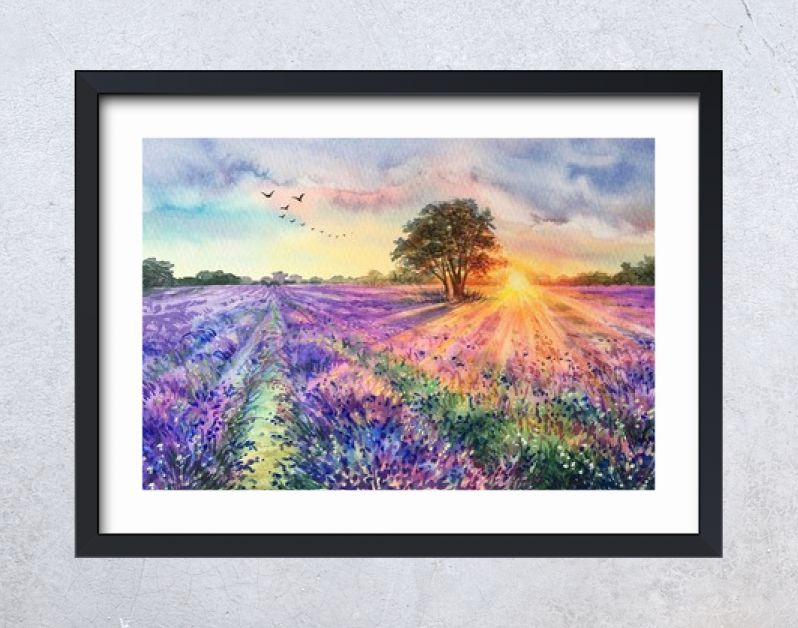 Aquarel lavendelveld. Zonsondergang lavendelveld. Violette achtergrond. Frankrijk Provence. Lente zomer briefkaart banner. Geurige bloemen. Aroma