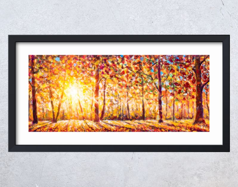 Herfstpanorama. Origineel olieverfschilderij op canvaskunst. Zonnige herfst bos bomen. Modern impressionisme. Herfst goud geel oranje rood bomen park in zonlicht landschap kunstwerk acryl schilderen